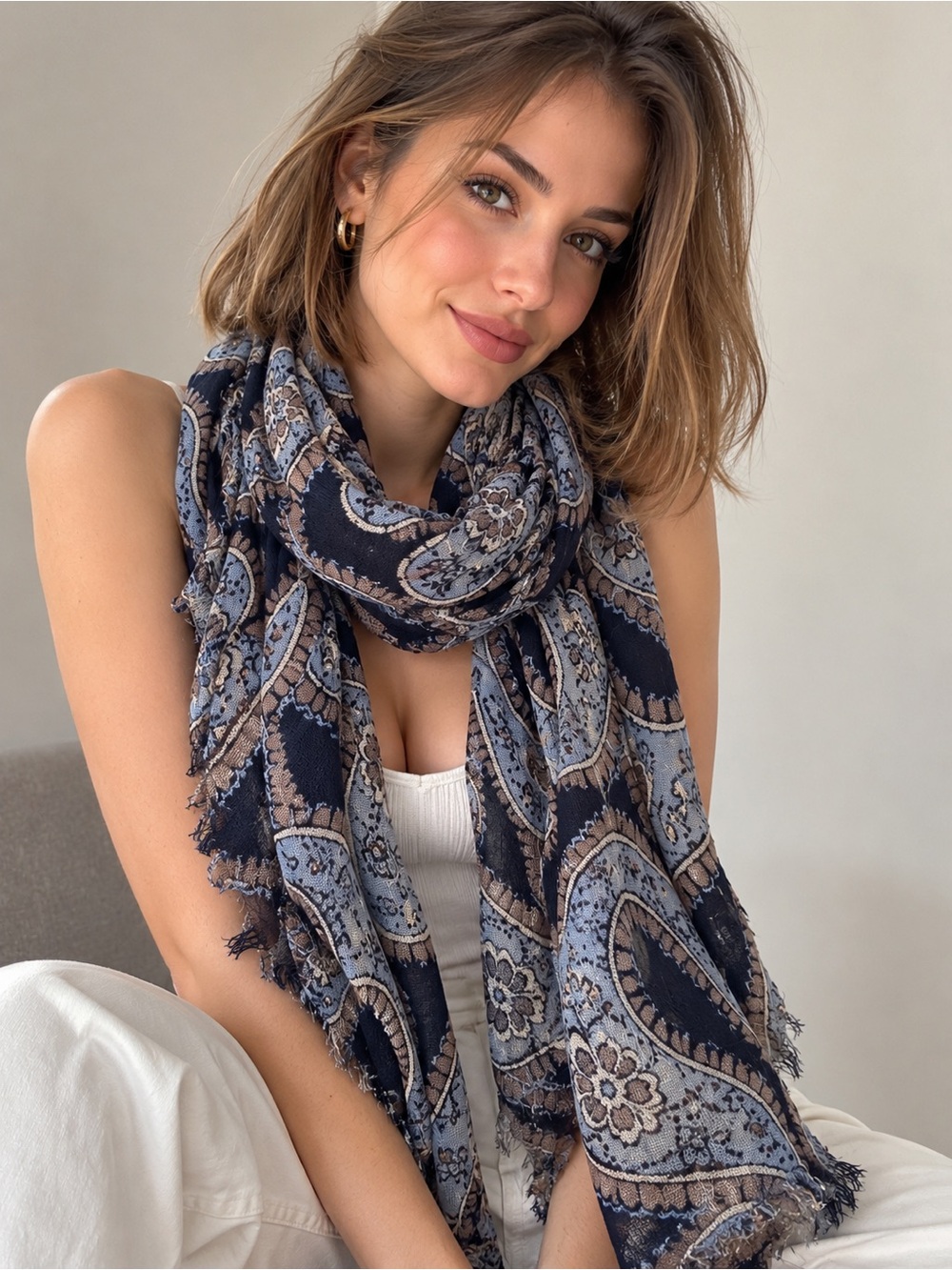 Massimo Dutti Blue Paisley Print Lightweight Scarf Wrap